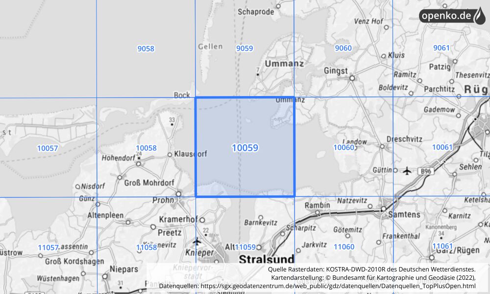 Übersichtskarte KOSTRA-DWD-2010R Rasterfeld Nr. 10059 mit angrenzenden Feldern