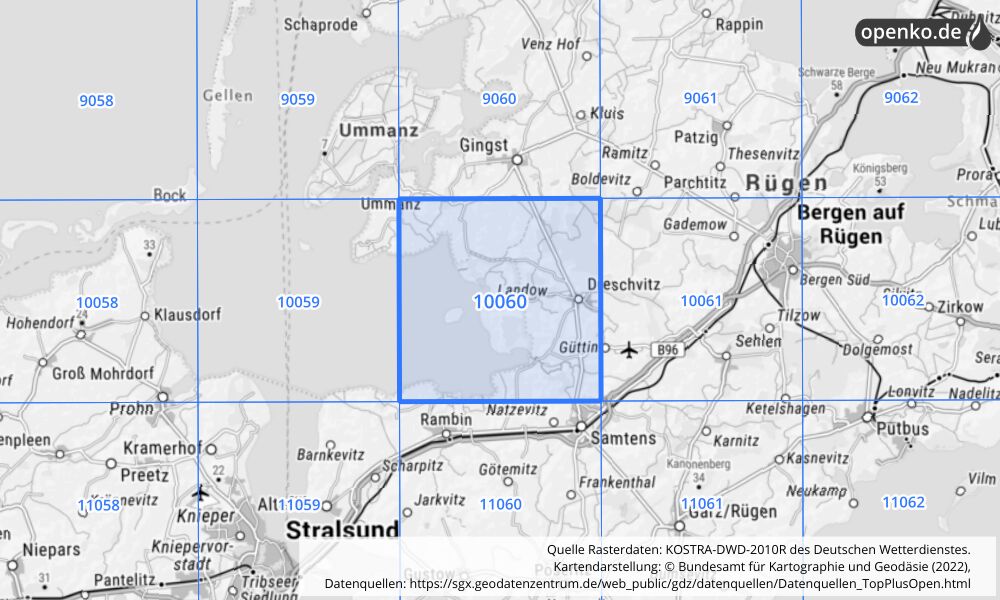 Übersichtskarte KOSTRA-DWD-2010R Rasterfeld Nr. 10060 mit angrenzenden Feldern