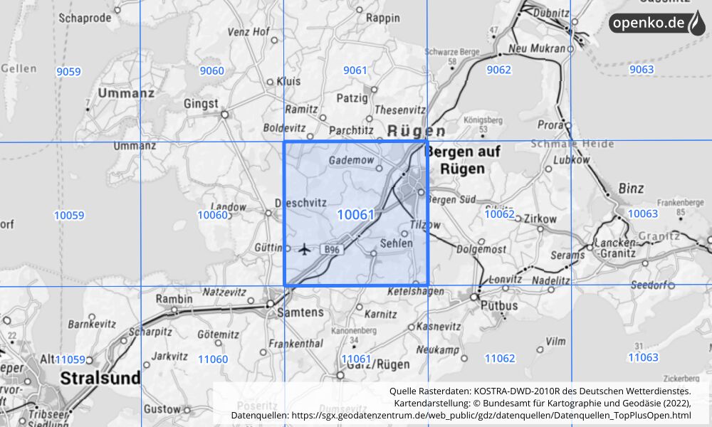 Übersichtskarte KOSTRA-DWD-2010R Rasterfeld Nr. 10061 mit angrenzenden Feldern