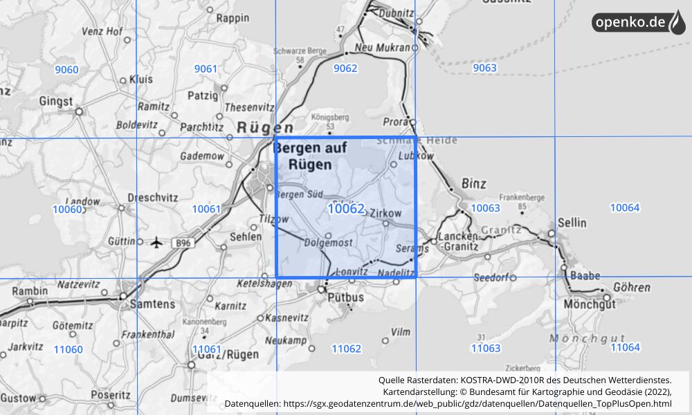 Übersichtskarte KOSTRA-DWD-2010R Rasterfeld Nr. 10062 mit angrenzenden Feldern