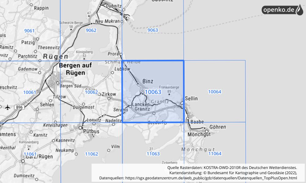 Übersichtskarte KOSTRA-DWD-2010R Rasterfeld Nr. 10063 mit angrenzenden Feldern