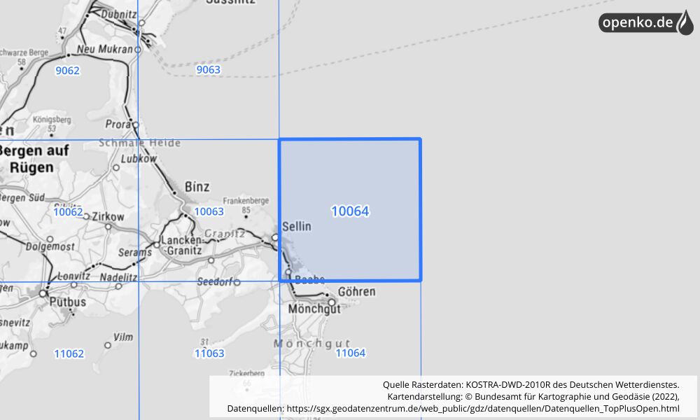 Übersichtskarte KOSTRA-DWD-2010R Rasterfeld Nr. 10064 mit angrenzenden Feldern