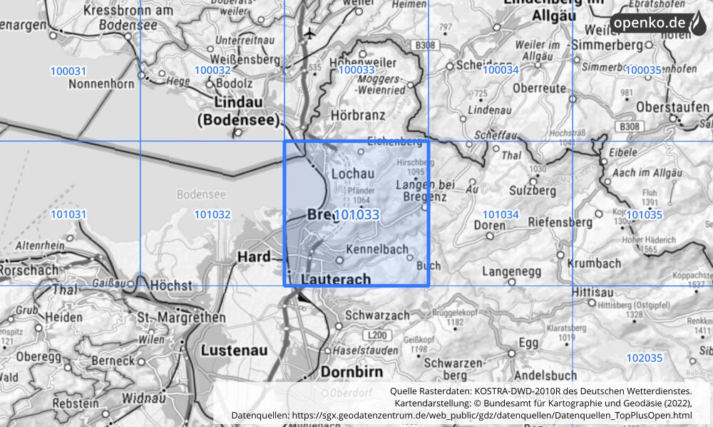 Übersichtskarte KOSTRA-DWD-2010R Rasterfeld Nr. 101033 mit angrenzenden Feldern