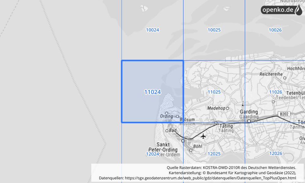 Übersichtskarte KOSTRA-DWD-2010R Rasterfeld Nr. 11024 mit angrenzenden Feldern