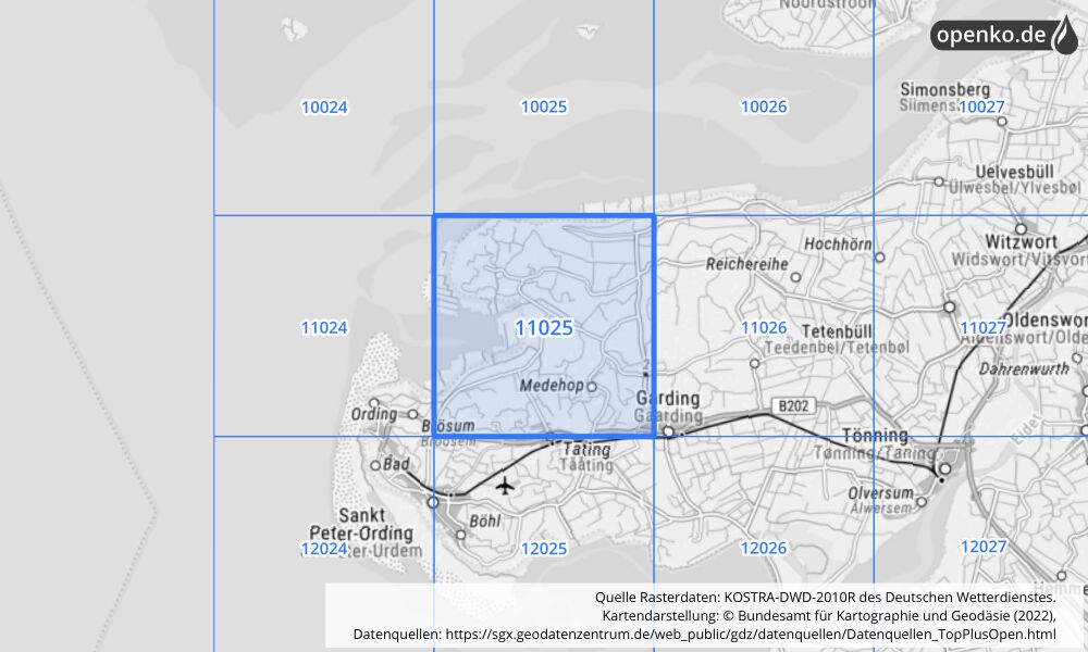 Übersichtskarte KOSTRA-DWD-2010R Rasterfeld Nr. 11025 mit angrenzenden Feldern