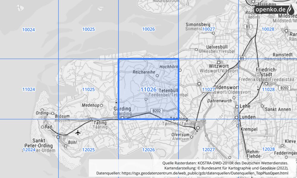 Übersichtskarte KOSTRA-DWD-2010R Rasterfeld Nr. 11026 mit angrenzenden Feldern