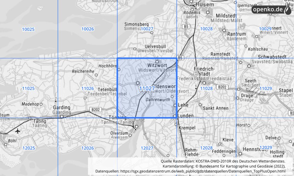 Übersichtskarte KOSTRA-DWD-2010R Rasterfeld Nr. 11027 mit angrenzenden Feldern