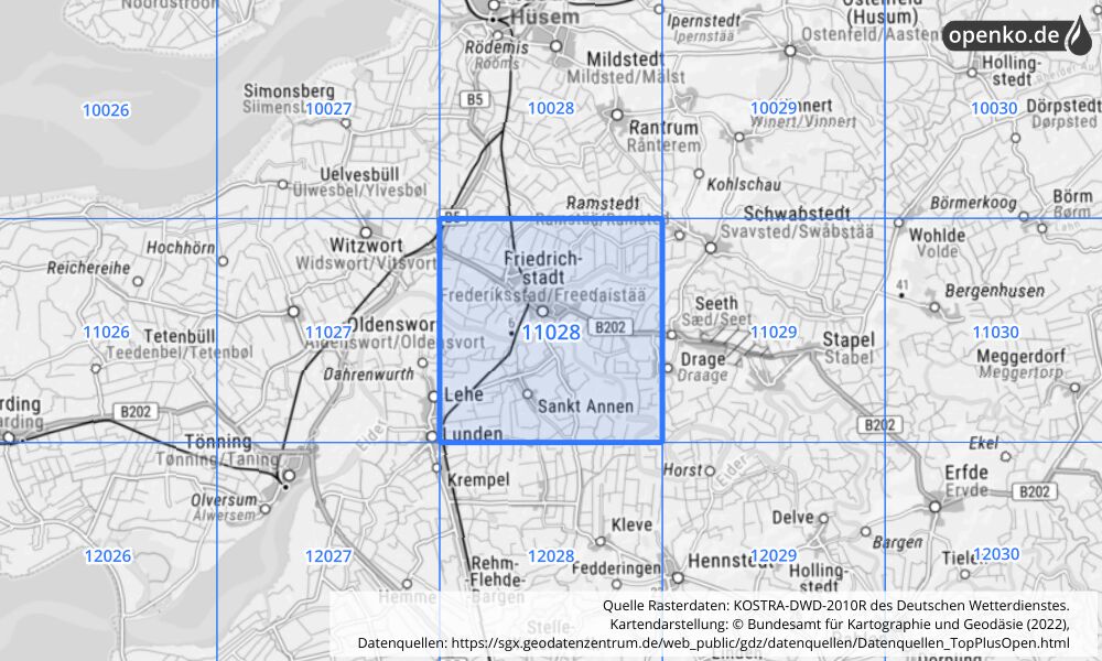 Übersichtskarte KOSTRA-DWD-2010R Rasterfeld Nr. 11028 mit angrenzenden Feldern