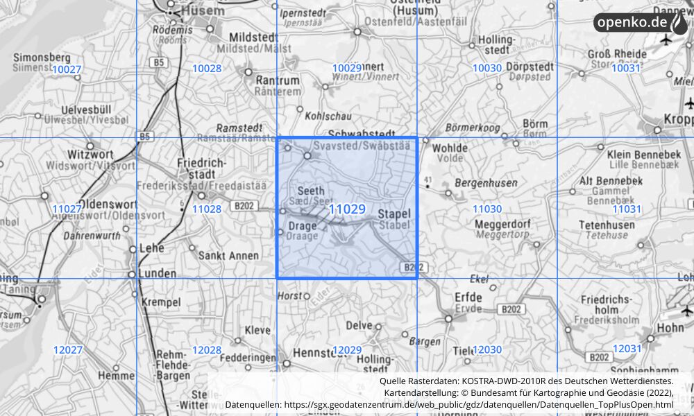 Übersichtskarte KOSTRA-DWD-2010R Rasterfeld Nr. 11029 mit angrenzenden Feldern