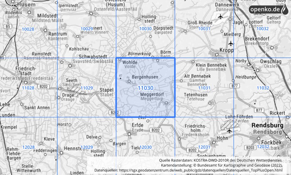 Übersichtskarte KOSTRA-DWD-2010R Rasterfeld Nr. 11030 mit angrenzenden Feldern