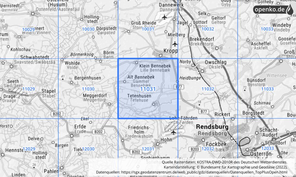 Übersichtskarte KOSTRA-DWD-2010R Rasterfeld Nr. 11031 mit angrenzenden Feldern