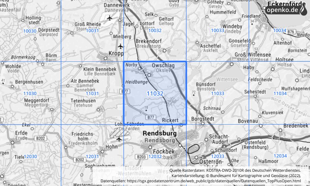 Übersichtskarte KOSTRA-DWD-2010R Rasterfeld Nr. 11032 mit angrenzenden Feldern