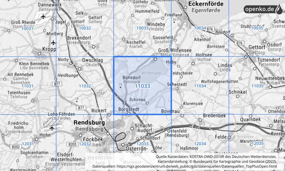 Übersichtskarte KOSTRA-DWD-2010R Rasterfeld Nr. 11033 mit angrenzenden Feldern