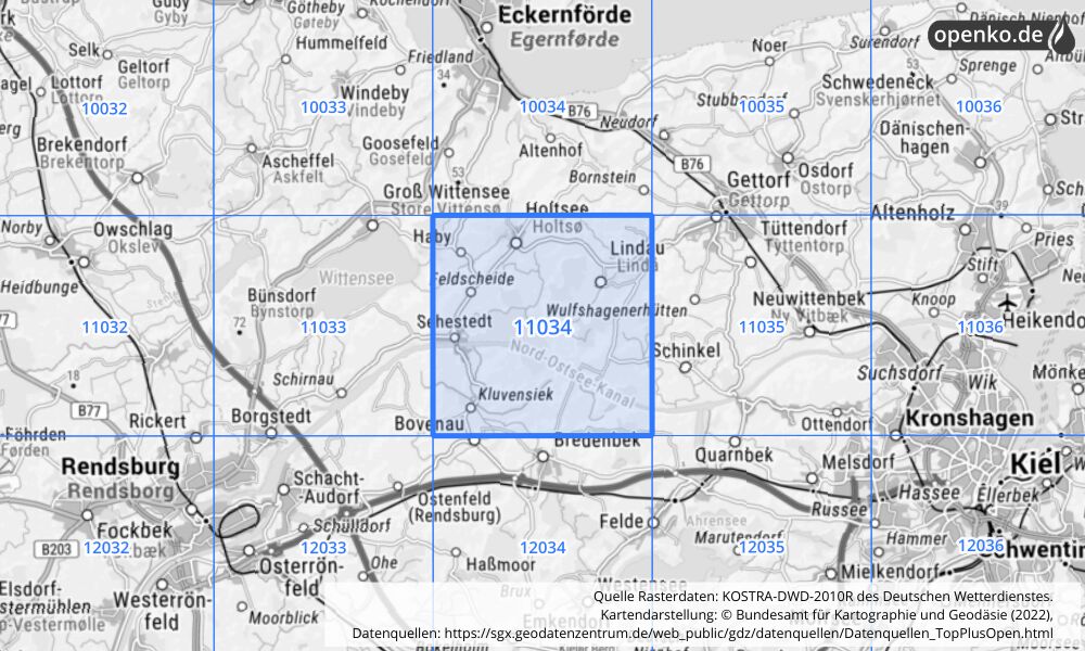 Übersichtskarte KOSTRA-DWD-2010R Rasterfeld Nr. 11034 mit angrenzenden Feldern