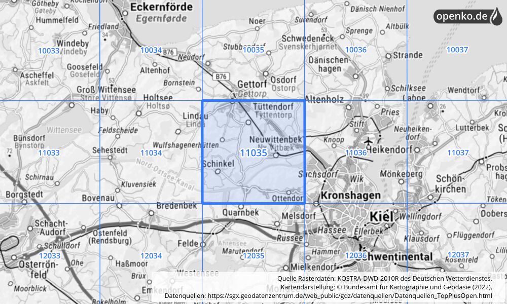 Übersichtskarte KOSTRA-DWD-2010R Rasterfeld Nr. 11035 mit angrenzenden Feldern