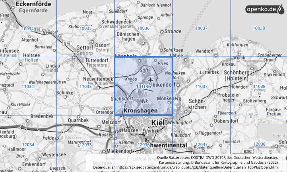 Übersichtskarte KOSTRA-DWD-2010R Rasterfeld Nr. 11036 mit angrenzenden Feldern