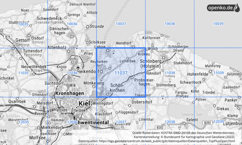 Übersichtskarte KOSTRA-DWD-2010R Rasterfeld Nr. 11037 mit angrenzenden Feldern