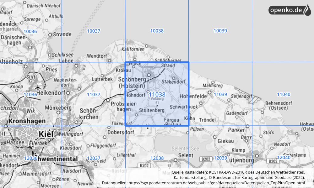 Übersichtskarte KOSTRA-DWD-2010R Rasterfeld Nr. 11038 mit angrenzenden Feldern