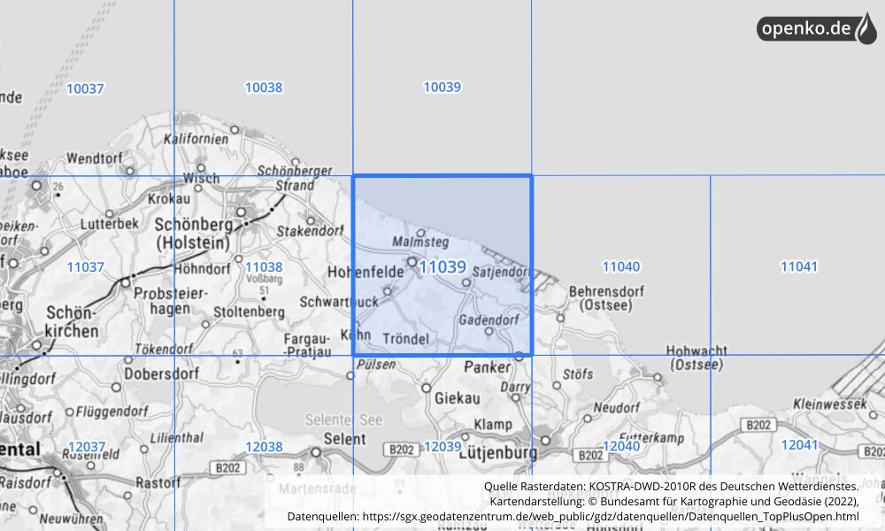 Übersichtskarte KOSTRA-DWD-2010R Rasterfeld Nr. 11039 mit angrenzenden Feldern