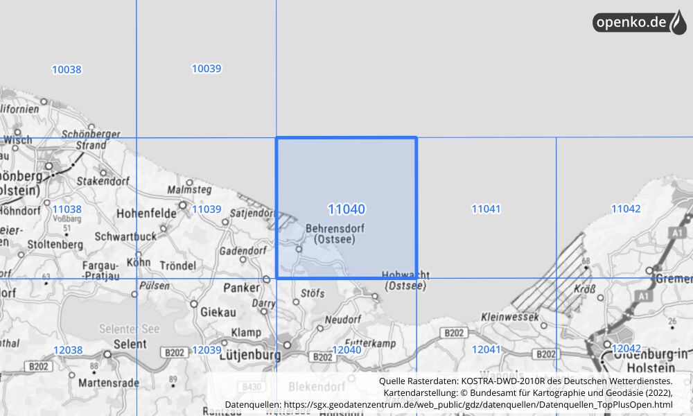 Übersichtskarte KOSTRA-DWD-2010R Rasterfeld Nr. 11040 mit angrenzenden Feldern