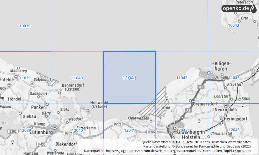 Übersichtskarte KOSTRA-DWD-2010R Rasterfeld Nr. 11041 mit angrenzenden Feldern