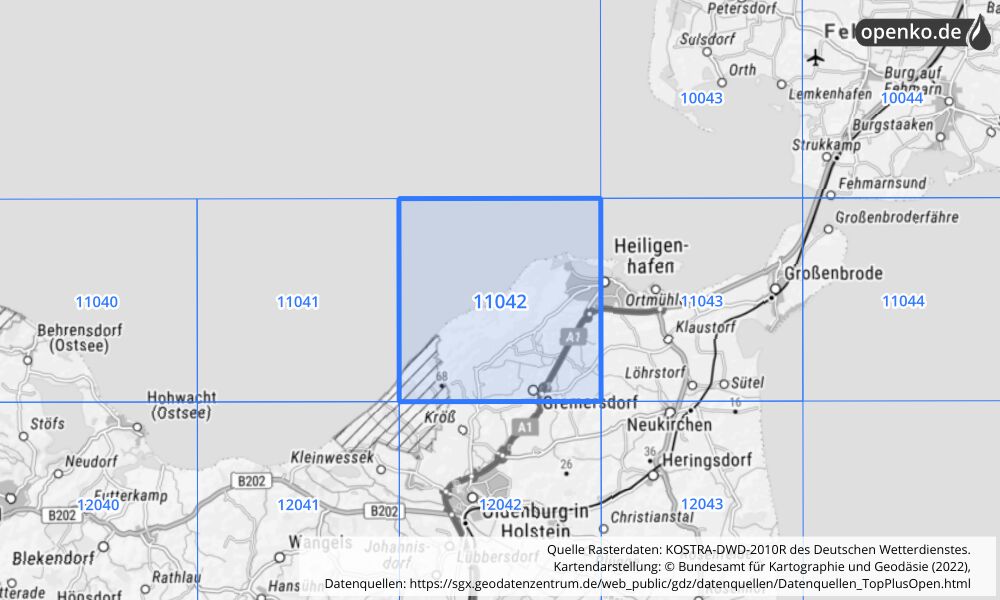 Übersichtskarte KOSTRA-DWD-2010R Rasterfeld Nr. 11042 mit angrenzenden Feldern