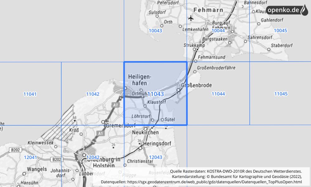 Übersichtskarte KOSTRA-DWD-2010R Rasterfeld Nr. 11043 mit angrenzenden Feldern