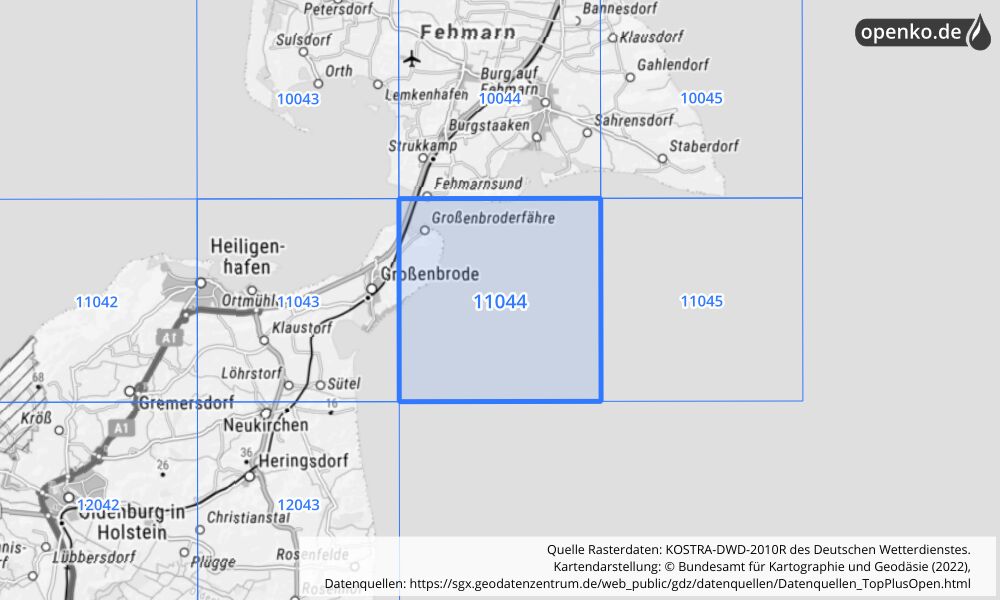 Übersichtskarte KOSTRA-DWD-2010R Rasterfeld Nr. 11044 mit angrenzenden Feldern