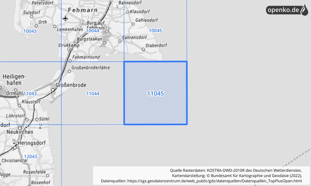 Übersichtskarte KOSTRA-DWD-2010R Rasterfeld Nr. 11045 mit angrenzenden Feldern