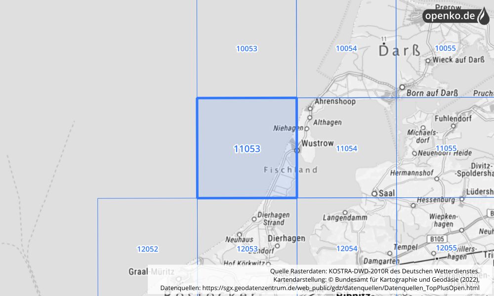 Übersichtskarte KOSTRA-DWD-2010R Rasterfeld Nr. 11053 mit angrenzenden Feldern