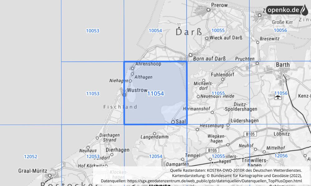 Übersichtskarte KOSTRA-DWD-2010R Rasterfeld Nr. 11054 mit angrenzenden Feldern