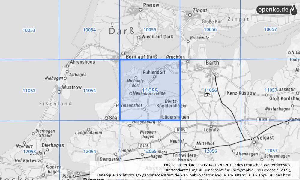 Übersichtskarte KOSTRA-DWD-2010R Rasterfeld Nr. 11055 mit angrenzenden Feldern