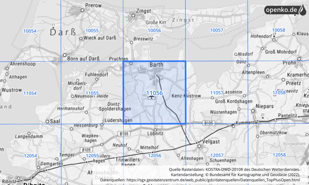 Übersichtskarte KOSTRA-DWD-2010R Rasterfeld Nr. 11056 mit angrenzenden Feldern