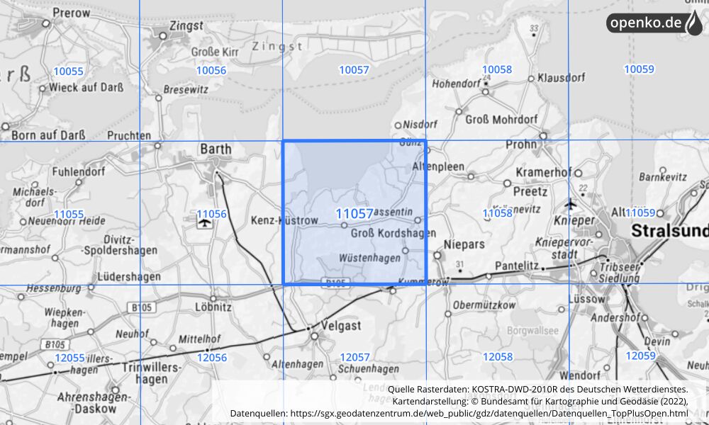 Übersichtskarte KOSTRA-DWD-2010R Rasterfeld Nr. 11057 mit angrenzenden Feldern