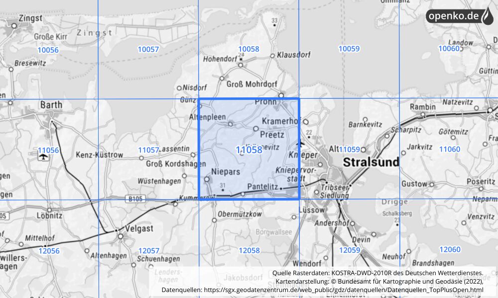 Übersichtskarte KOSTRA-DWD-2010R Rasterfeld Nr. 11058 mit angrenzenden Feldern