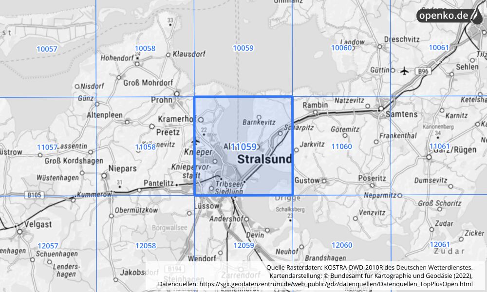 Übersichtskarte KOSTRA-DWD-2010R Rasterfeld Nr. 11059 mit angrenzenden Feldern