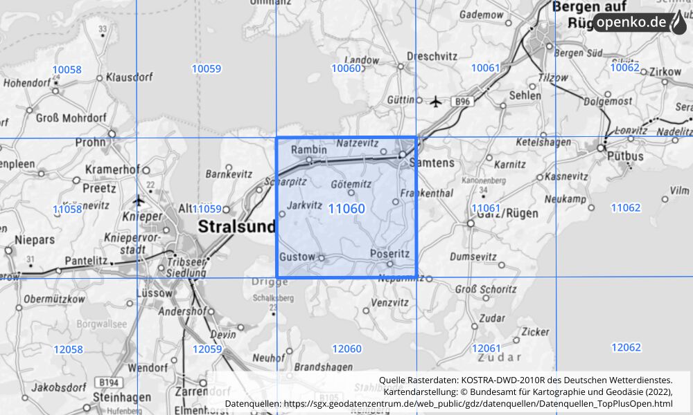 Übersichtskarte KOSTRA-DWD-2010R Rasterfeld Nr. 11060 mit angrenzenden Feldern