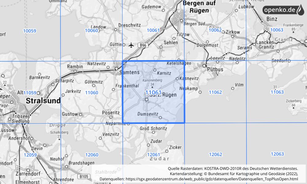 Übersichtskarte KOSTRA-DWD-2010R Rasterfeld Nr. 11061 mit angrenzenden Feldern