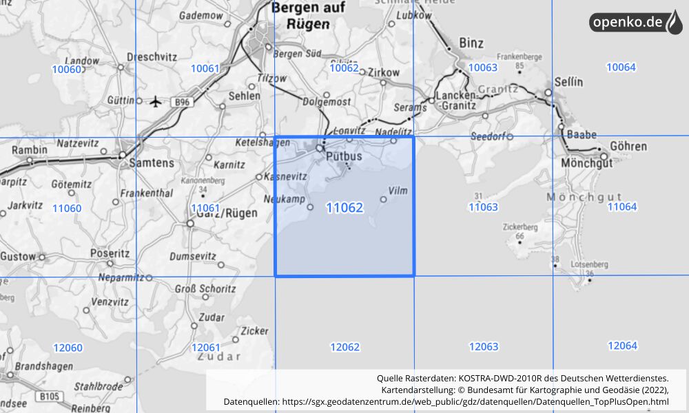 Übersichtskarte KOSTRA-DWD-2010R Rasterfeld Nr. 11062 mit angrenzenden Feldern