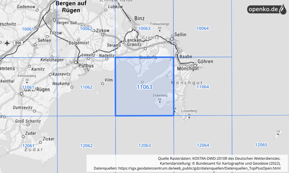 Übersichtskarte KOSTRA-DWD-2010R Rasterfeld Nr. 11063 mit angrenzenden Feldern