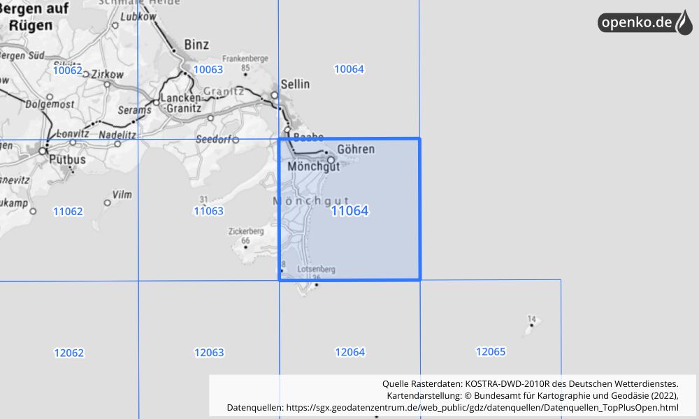 Übersichtskarte KOSTRA-DWD-2010R Rasterfeld Nr. 11064 mit angrenzenden Feldern