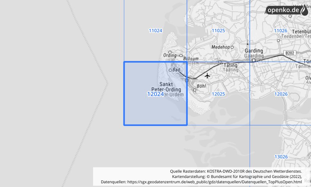 Übersichtskarte KOSTRA-DWD-2010R Rasterfeld Nr. 12024 mit angrenzenden Feldern