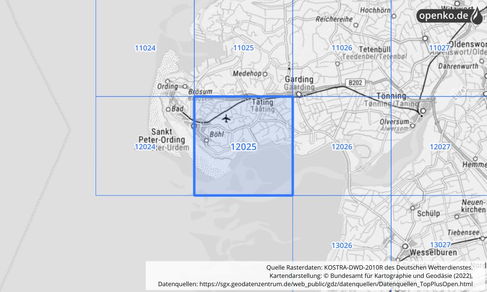 Übersichtskarte KOSTRA-DWD-2010R Rasterfeld Nr. 12025 mit angrenzenden Feldern