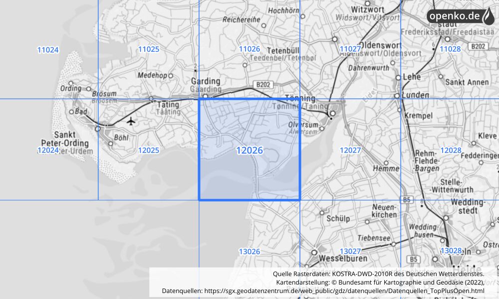 Übersichtskarte KOSTRA-DWD-2010R Rasterfeld Nr. 12026 mit angrenzenden Feldern