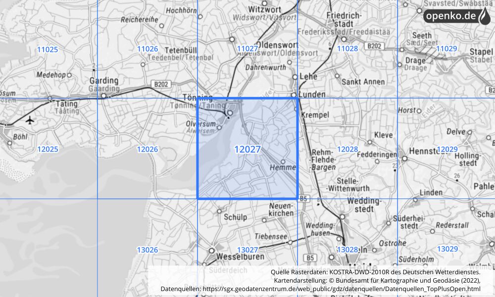 Übersichtskarte KOSTRA-DWD-2010R Rasterfeld Nr. 12027 mit angrenzenden Feldern