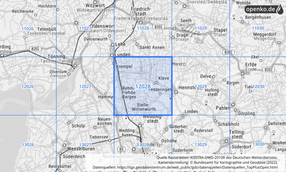 Übersichtskarte KOSTRA-DWD-2010R Rasterfeld Nr. 12028 mit angrenzenden Feldern