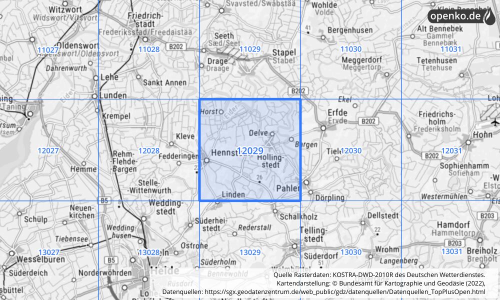 Übersichtskarte KOSTRA-DWD-2010R Rasterfeld Nr. 12029 mit angrenzenden Feldern