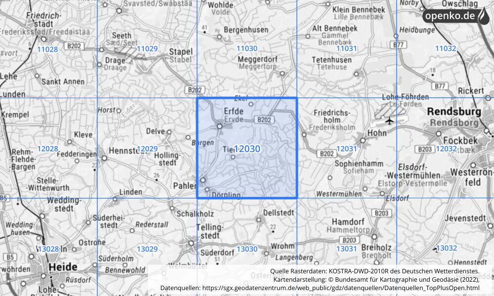 Übersichtskarte KOSTRA-DWD-2010R Rasterfeld Nr. 12030 mit angrenzenden Feldern