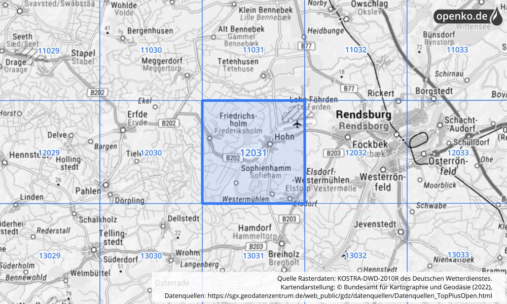 Übersichtskarte KOSTRA-DWD-2010R Rasterfeld Nr. 12031 mit angrenzenden Feldern