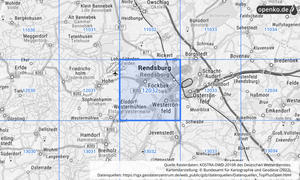 Übersichtskarte KOSTRA-DWD-2010R Rasterfeld Nr. 12032 mit angrenzenden Feldern